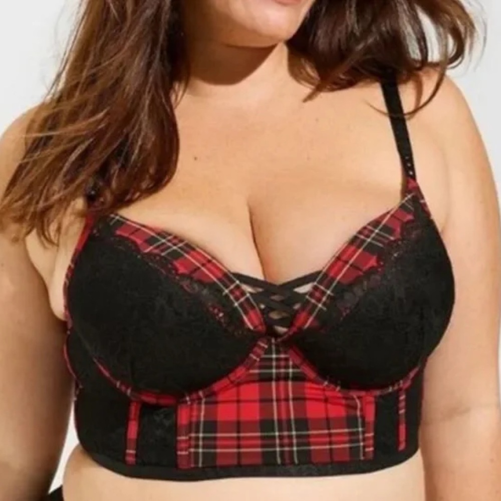 NWT torrid XO Boost Plunge Tartan Red Black Bra 44b